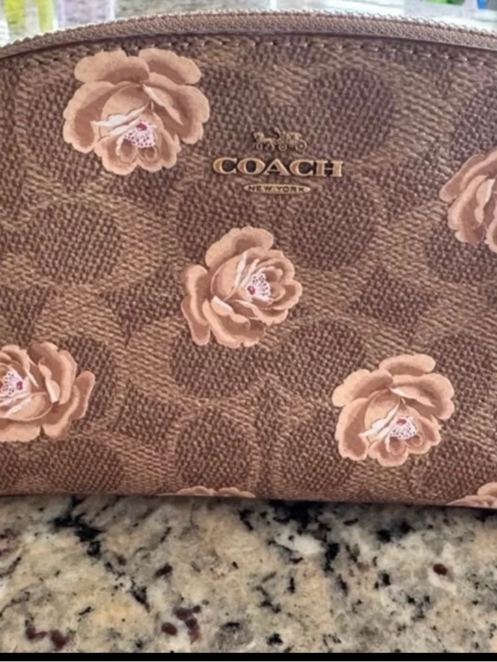 Coach Brown Signature Floral Cosmetic Pouch and miniWristlet Set with Pink Roses